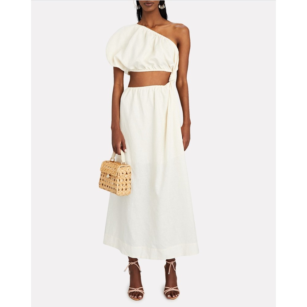 Farm Rio Off White One Shoulder Maxi Dress M Cutout Linen Blend Clean Chic New
